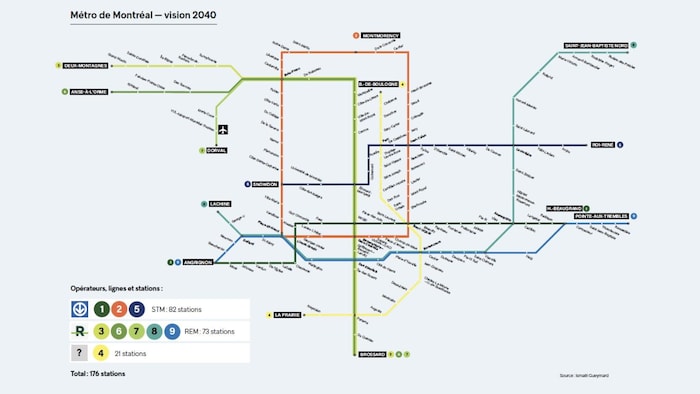 Une carte du métro de Montréal, vision 2040, qui se trouve dans le livre de Denis Coderre. 