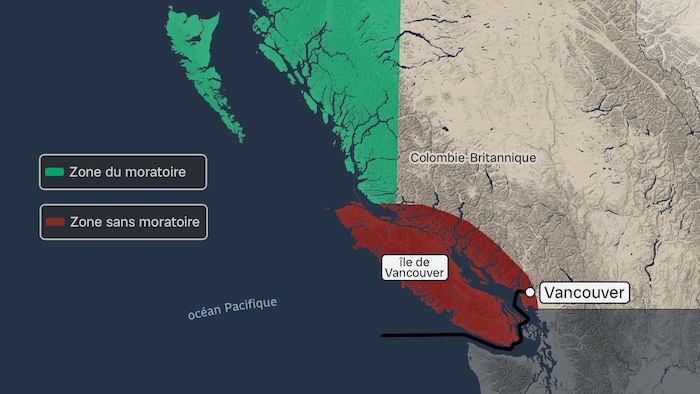 Une carte de la côte de la Colombie-Britannique montre la zone touchée par le moratoire, la zone sans moratoire et le trajet emprunté par les pétroliers.