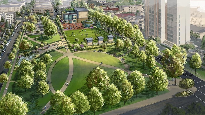 Une image d'un parc avec plein d'arbres et des bâtiments.