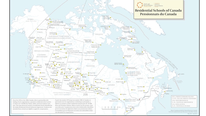 Une carte du Canada signalant les pensionnats autochtones.