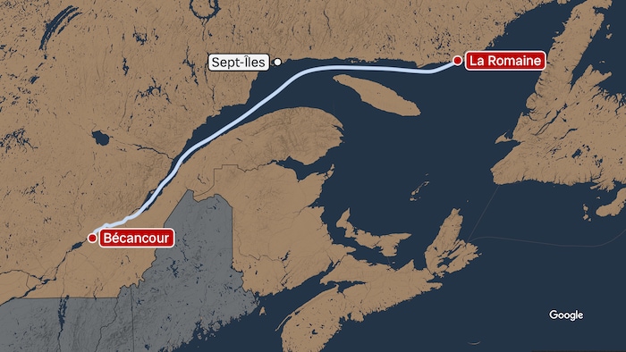 Une carte montrant un chemin sur le fleuve Saint-Laurent entre La Romaine et Bécancour.