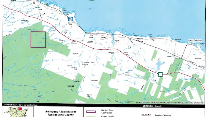 Carte géographique du nord du Nouveau-Brunswick indiquant l'emplacement du terrain.