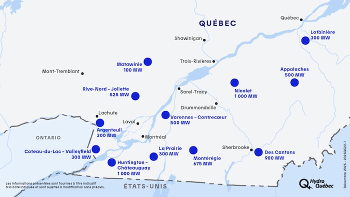 Une carte des projets éoliens envisagés par Hydro-Québec.