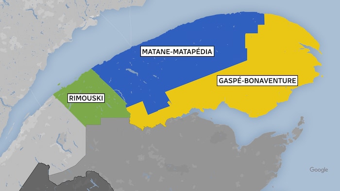 Une carte présentant la proposition de Commission de la représentation électorale en Gaspésie. 