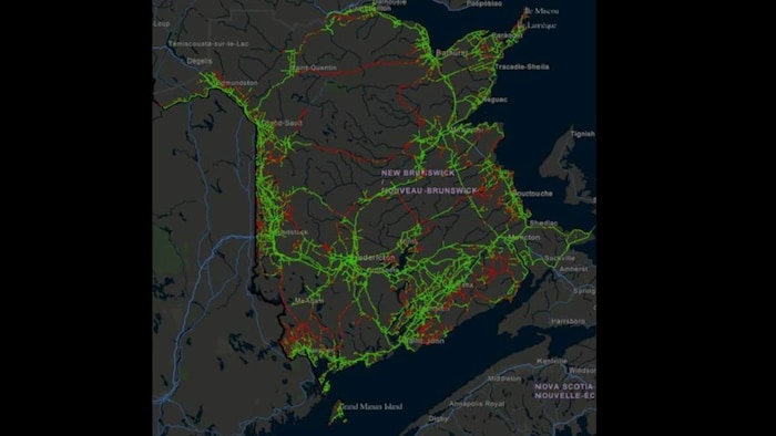 Carte de la qualité du réseau cellulaire au Nouveau-Brunswick.
