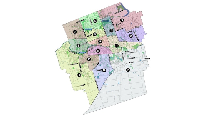 Carte de London montrant les nouvelles limites de ses 14 quartiers électoraux pour 2026.