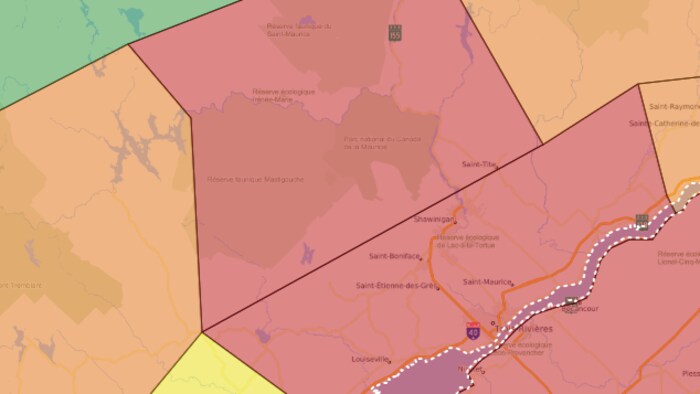 Une capture d'écran d'une carte colorée selon le risque d'incendie.