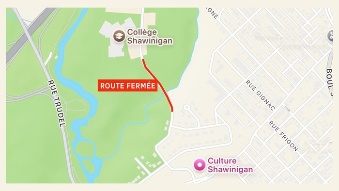 Une carte routière indiquant une route fermée et le Cégep de Shawinigan.
