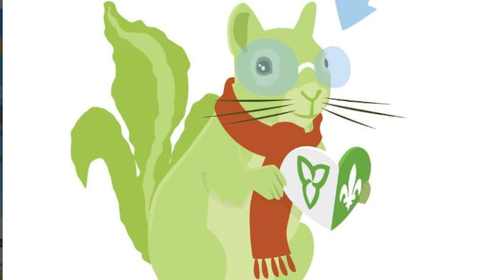Une carte de Saint-Valentin avec un écureuil tenant un cœur arborant le drapeau franco-ontarien.