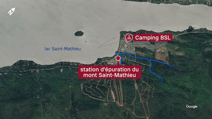 Une carte satellite avec le lac Saint-Mathieu, le camping BSL et la station d'épuration du mont Saint-Mathieu. 
