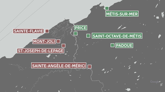 Une carte situe les églises d'un premier secteur regroupant celles de Sainte-Flavie, Mont-Joli, Saint-Joseph-de-Lepage et de Sainte-Angèle-de-Mérici ainsi que celles d'un deuxième secteur, avec celles de Price, Saint-Octave-de-Métis, Padoue et Métis-sur-Mer.