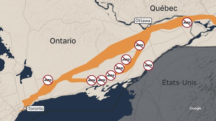 Une carte du sud de l'Ontario et du Québec indique le trajet du T G V avec des icônes de villes qui ont adopté des résolutions contre le T G V.