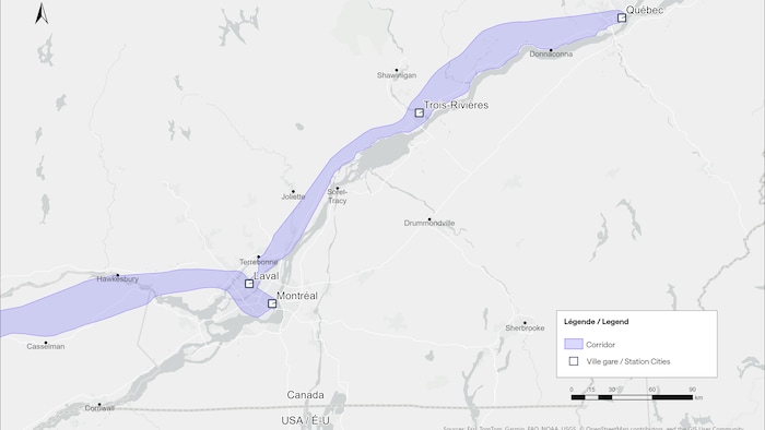 La carte montre le tracé qui reliera Québec à Montréal, en passant par Trois-Rivières et Laval.