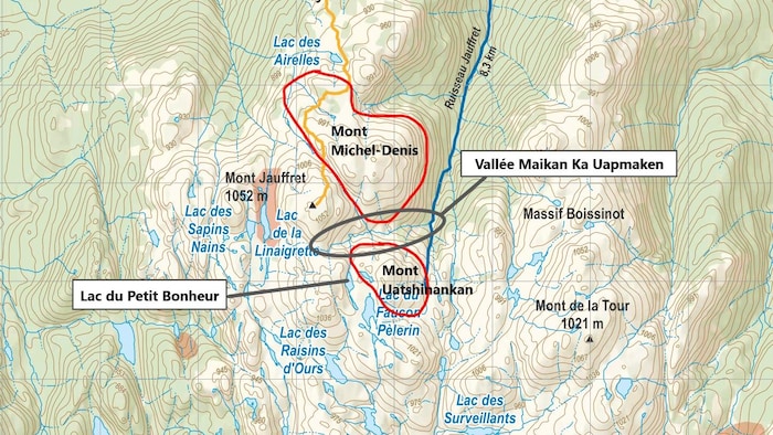 Une carte topographique indiquant le Mont Michel-Denis.