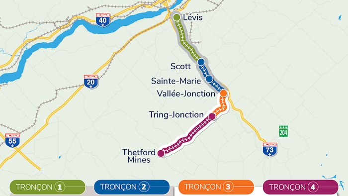 les tronçons 1 (vert) et 2 (bleu) sont indiqués comme étant « En exploitation », tandis que les tronçons 3 (orange) et 4 (pourpre) sont identifiés comme des « Travaux en cours de réalisation ».