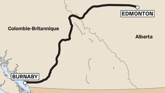 Carte du tracé du projet d'expansion de l'oléoduc Trans Mountain, partant d'Edmonton jusqu'à Burnaby.