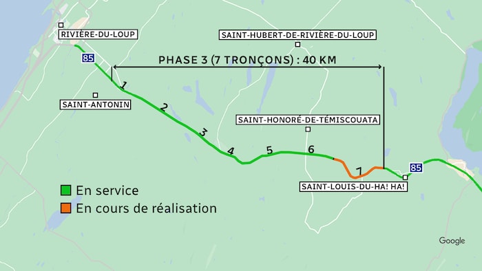 Une carte montrant le dernier tronçon inachevé entre Saint-Honoré-de-Témiscouata et Saint-Louis-du-Ha! Ha!.