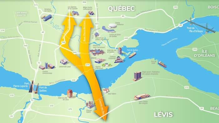 Une carte du Québec montrant les deux endroits où déboucheraient le troisième lien.