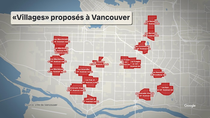 Une carte de Vancouver avec 17 quartiers spécifiques indiqués en rouge.