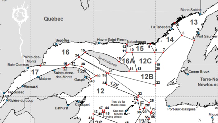 Une carte des zones de pêche au crabe des neige en Atlantique