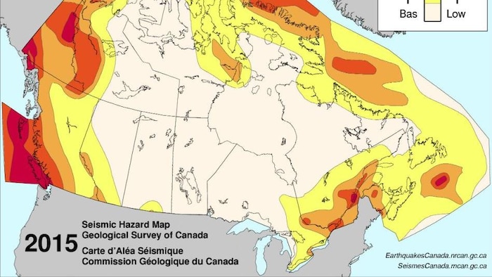 A map with a yellow, oranges and red sites indicating the seismic level of danger.