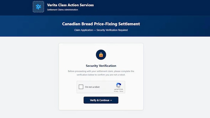 Capture d’écran d’une page Web de Verita Class Action Services concernant le « Règlement sur la fixation des prix du pain canadien ». La page affiche une case de vérification de sécurité centrée avec une icône de cadenas, des instructions pour confirmer que l’utilisateur n’est pas un robot, et une case à cocher reCAPTCHA.