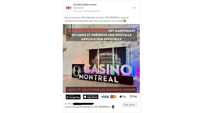 Une publicité Facebook qui usurpe l'image du Casino de Montréal.