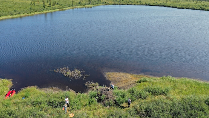 Vue aérienne de quelques chercheurs et d'une hutte de castors près d'un lac.