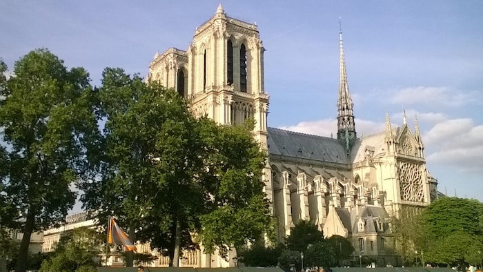 On voit la cathédrale Notre-Dame de Paris de loin.