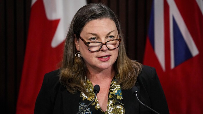 Catherine Fife lors d'un point de presse.
