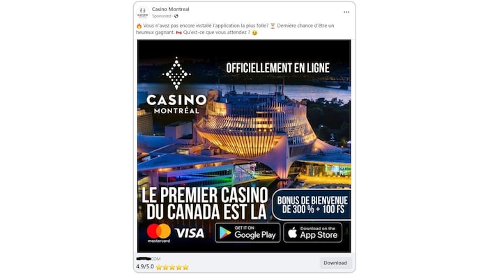 Une publicité Facebook qui usurpe l'image du Casino de Montréal.