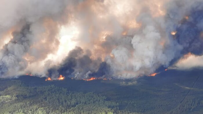 Vue aérienne d'un feu de forêt s'étendant sur des kilomètres dans les environs de Fort Nelson, en Colombie-Britannique, en mai 2023.