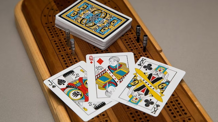 Trois cartes à jouer et une pile de cartes sont déposées sur une planche de cribbage.