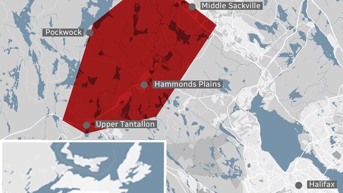 Une carte de la grande région d'Halifax avec un quadrilatère représentant les zones visées par un ordre d'évacuation.