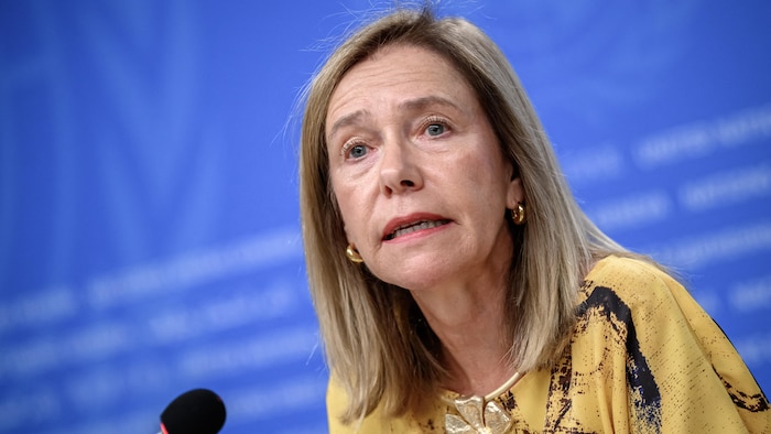 La secrétaire générale de l'Organisation météorologique mondiale (OMM), Celeste Saulo, lors d'une conférence de presse consacrée aux dernières informations sur El Niño, à Genève, le 3 septembre 2026. 