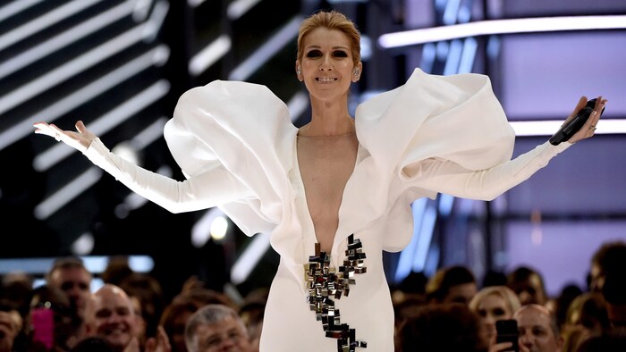 Céline Dion les bras écartés à la fin de sa prestation