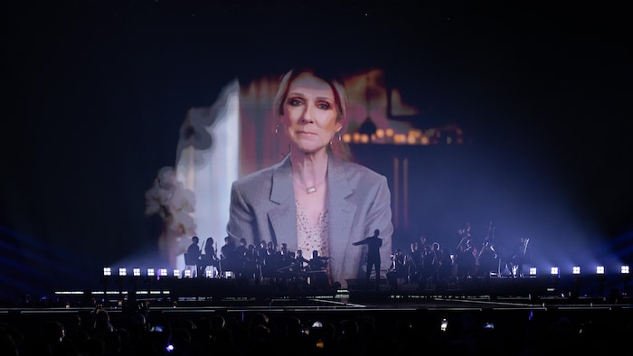 Une femme apparaît sur un écran devant lequel jouent des musiciens.