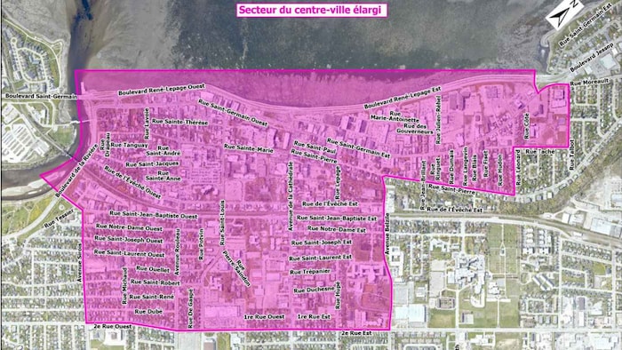 Une carte montrant les délimitations du centre-ville élargi.