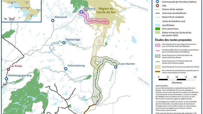 Carte montrant les routes proposées pour le Cercle de feu, y compris la communauté de Marten Falls et celle de Webequie.