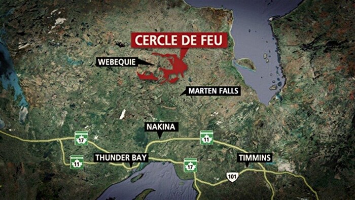 Une carte indique la position des villes de Timmins par rapport à la région du Cercle de feu.