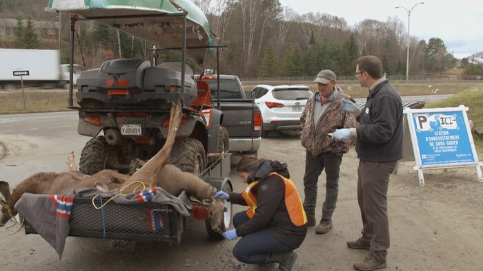 Des travailleurs du gouvernement effectuant des prélèvements sur des cerfs abattus par un chasseur.