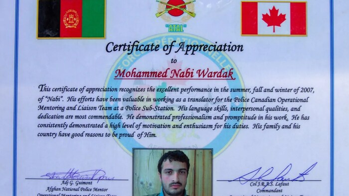 A certificate of appreciation given to Wardak for his interpreting work with the operational mentoring and liaison team.