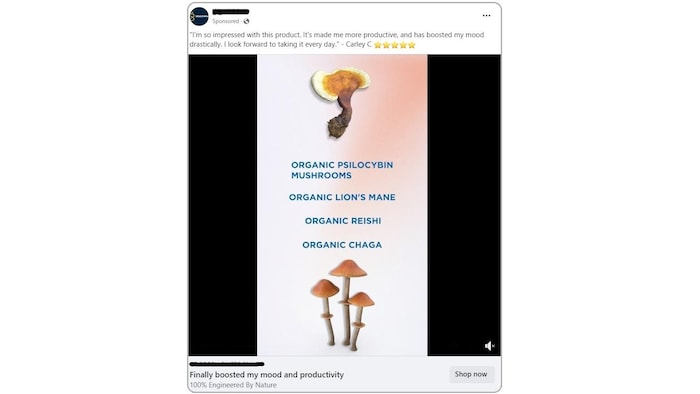 Une annonce Facebook pour des champignons magiques.