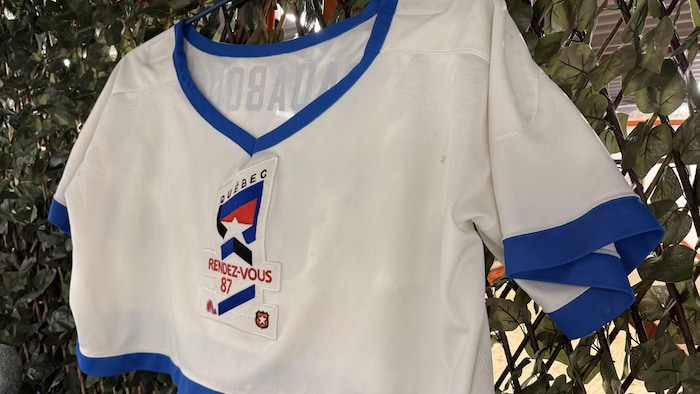 Un chandail de hockey avec le logo de Québec Rendez-vous 87 est suspendu sur un mur de feuillage artificiel.