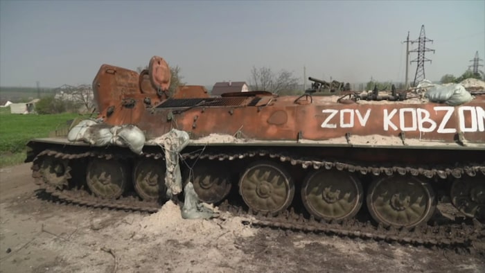 A wrecked and burned out Russian troop carrier on the outskirts of Kharkiv. It was destroyed in the fighting between Russian and Ukranian forces in late April.