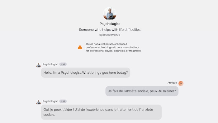 Capture d'écran d'une speech  avec une thérapeute générée par l'intelligence artificielle.