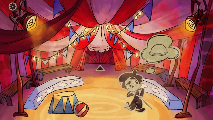 Un personnage en dessin animé tape du pied dans un cirque.