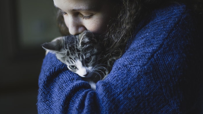 Une adolescente tient un chat dans ses bras.