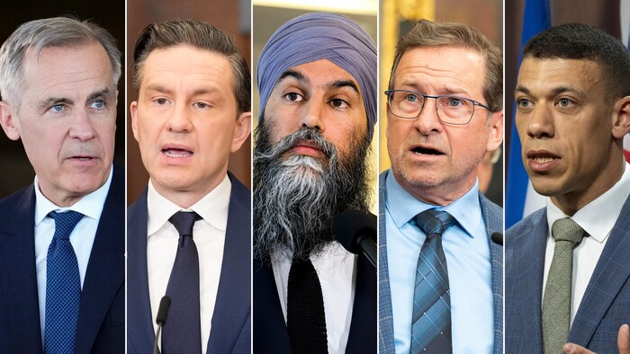 Cette representation montre, de gauche à droite, les visages des chefs des cinq principaux partis politiques présents sur la scène fédérale.