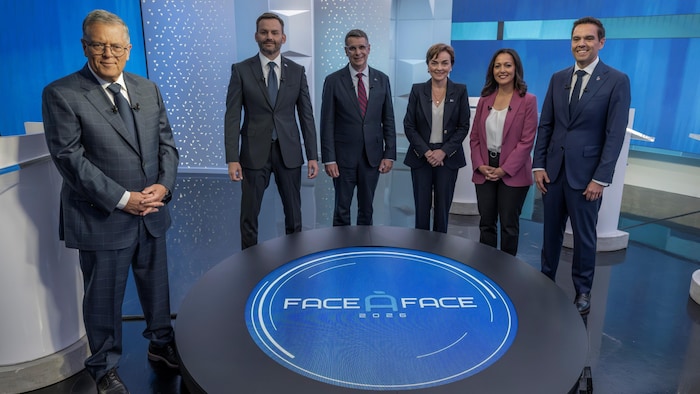 Paul St-Pierre Plamondon, Éric Duhaime, Christine Fréchette, Ruba Ghazal et Charles Milliard posent sur le plateau du Face-à-face 2026 avec Paul Larocque.